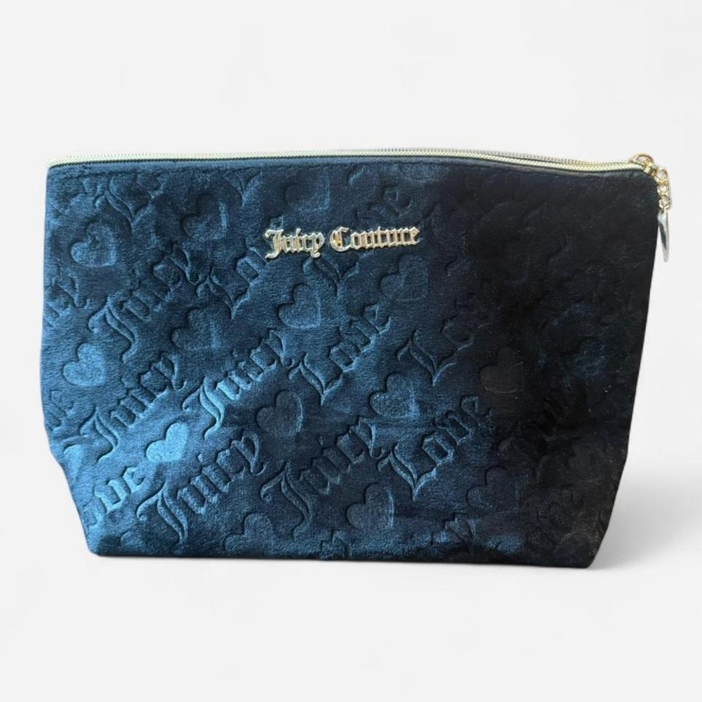 Juicy Couture Black Velvet Makeup Bag Y2K Gold Logo Pink‎ Lining